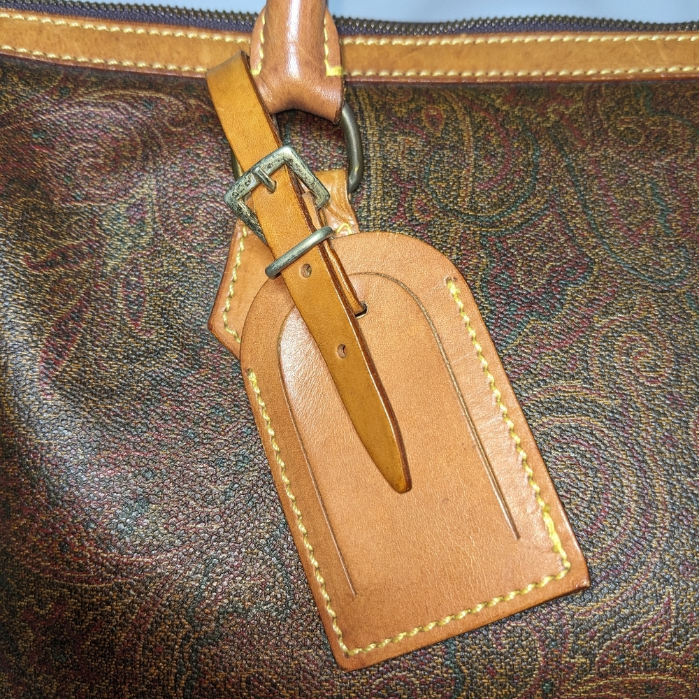 Etro | Vintage Milano Burgundy Paisley Tan Trim Leather Tote Bag - Picture 4 of 8